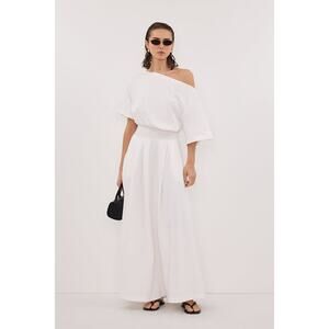 Dissh Esme White Asym Maxi Dress Fit And Flare Cotton Pockets Large Minimalist